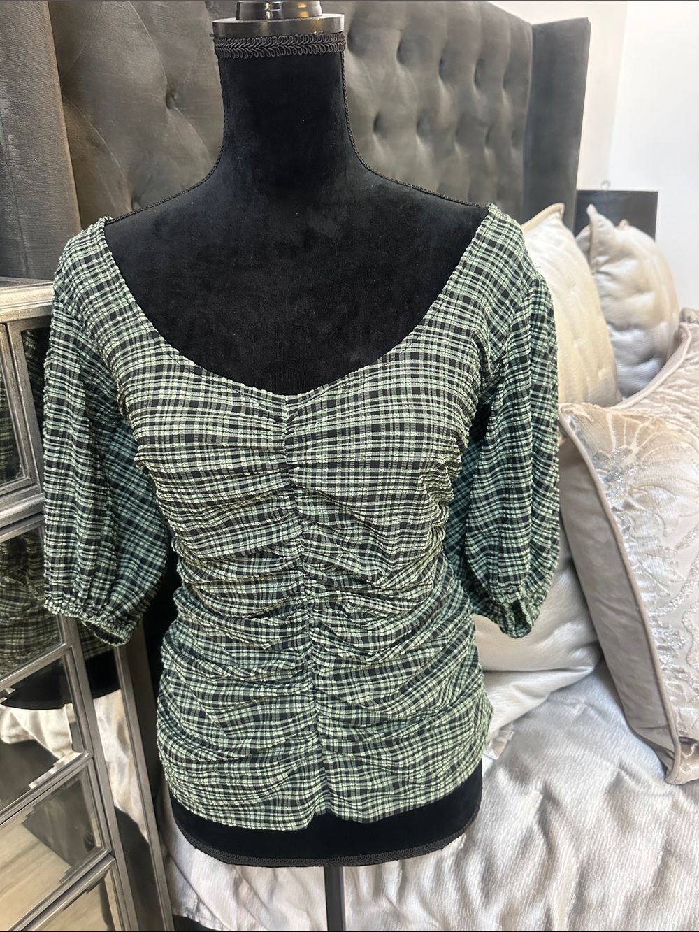 Ganni Green Plaid Ruched Scoop-Neck Blouse